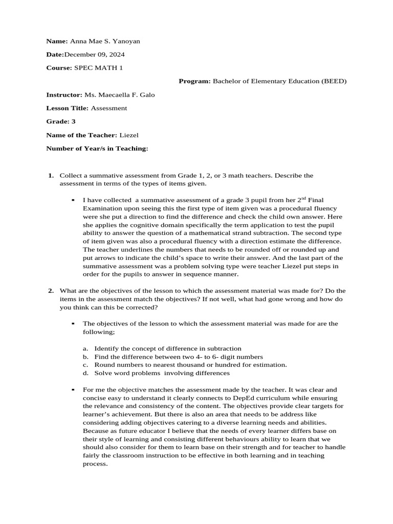 Spec Math 1 Final Activity | PDF | Educational Assessment | Teachers