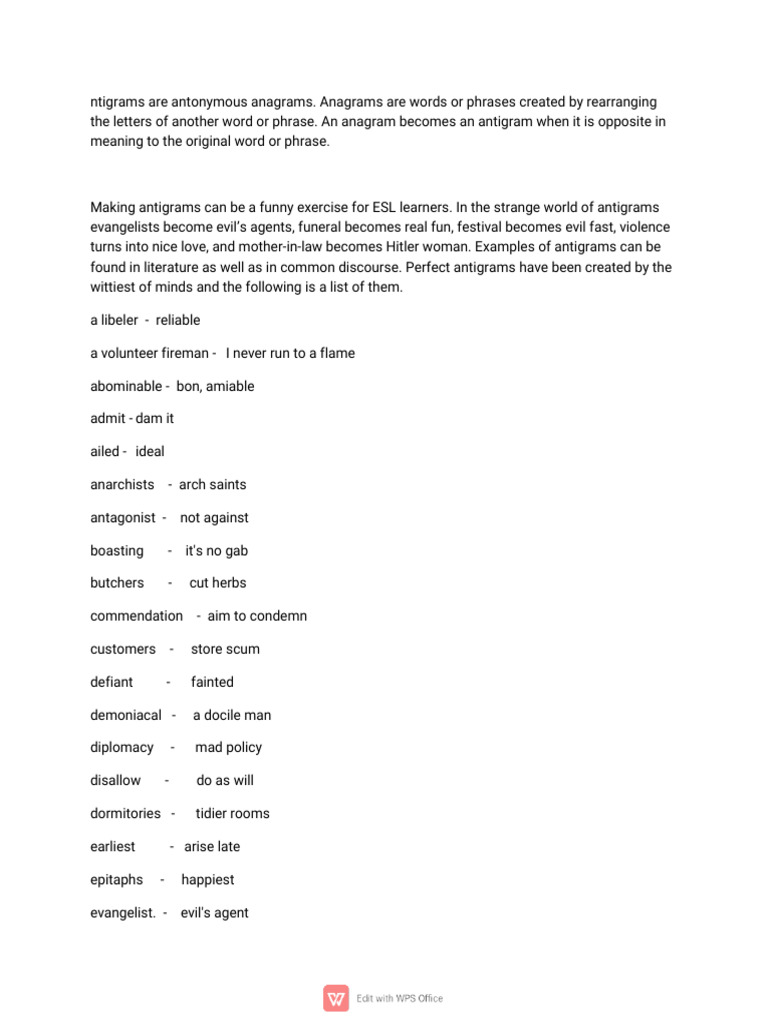 Understanding Antigrams and Examples | PDF | Word Play