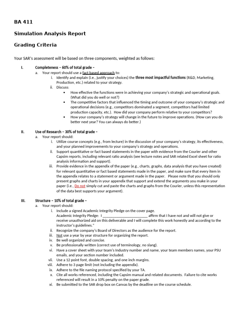 BA 411 Simulation Analysis Report Guide | PDF