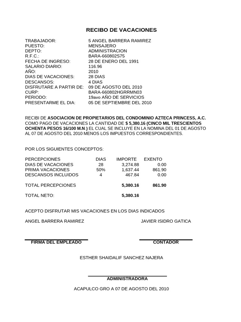 Recibo de Vacaciones | PDF | Sueldos y salarios | Compensación laboral