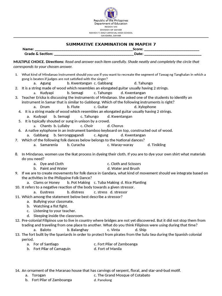 Summative Examination in Mapeh 7 | PDF | Philippines