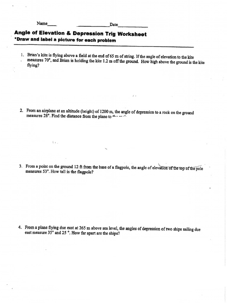 Angle of Elevation and Depression Trig Worksheet | PDF