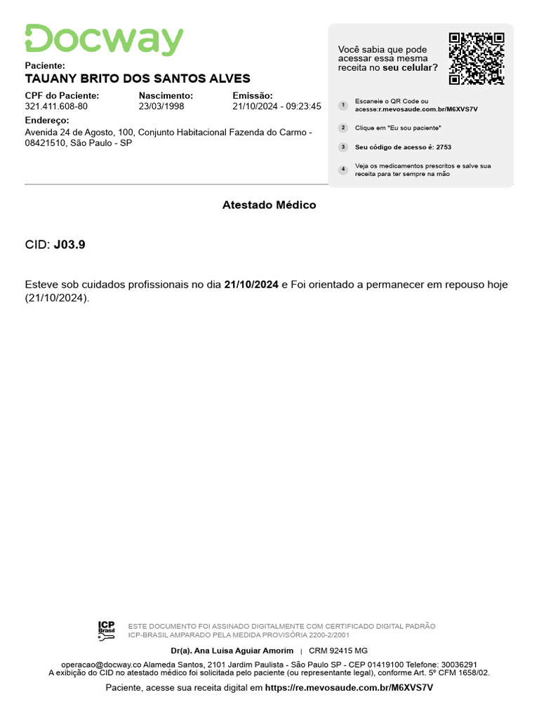 Atestado Médico - CID J03.9 | PDF