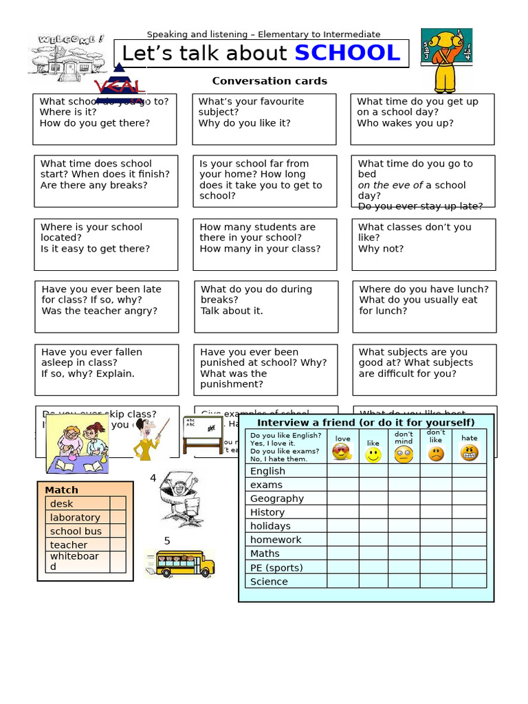 School Conversation Cards for Kids | PDF | Classroom | Learning