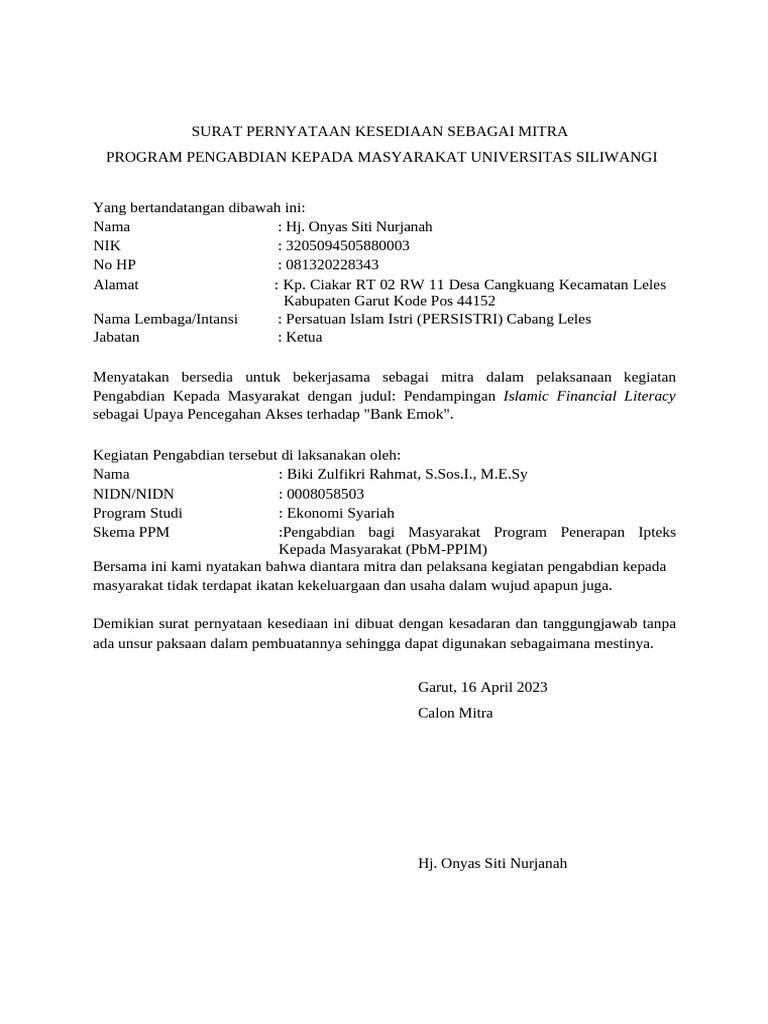 Surat Kesediaan Mitra PPM Universitas Siliwangi | PDF