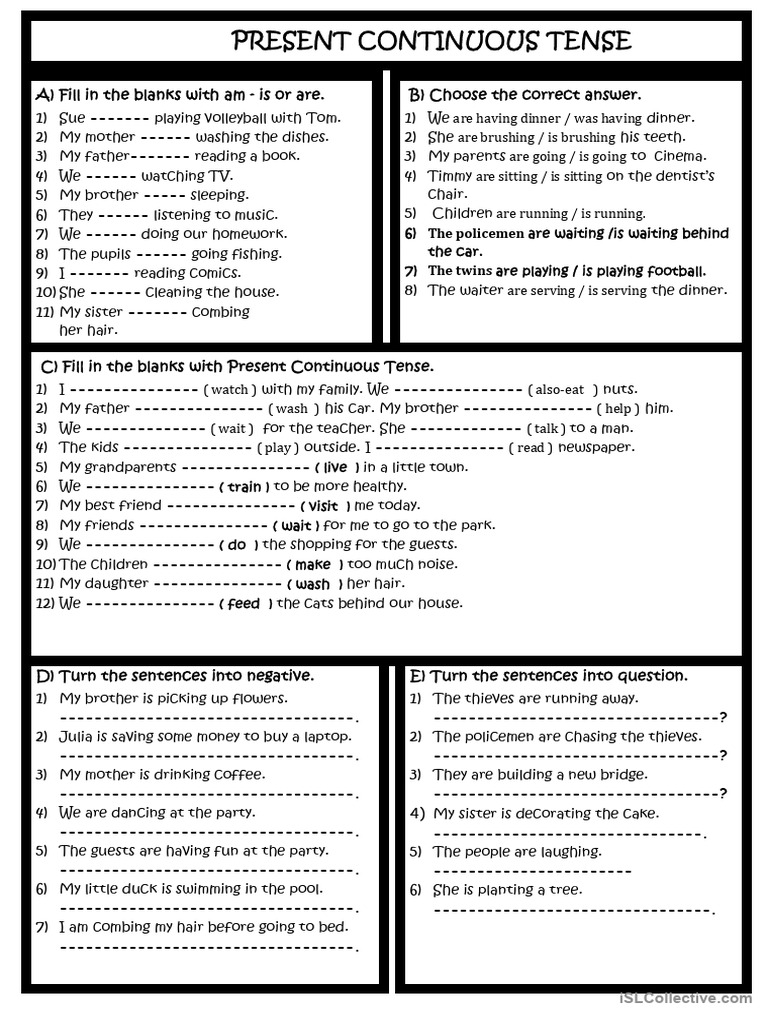 Present Continuous Tense Exercises | PDF