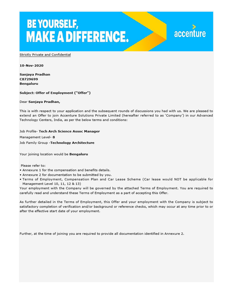 Accenture Employment Offer Letter | PDF | Insurance | Salary