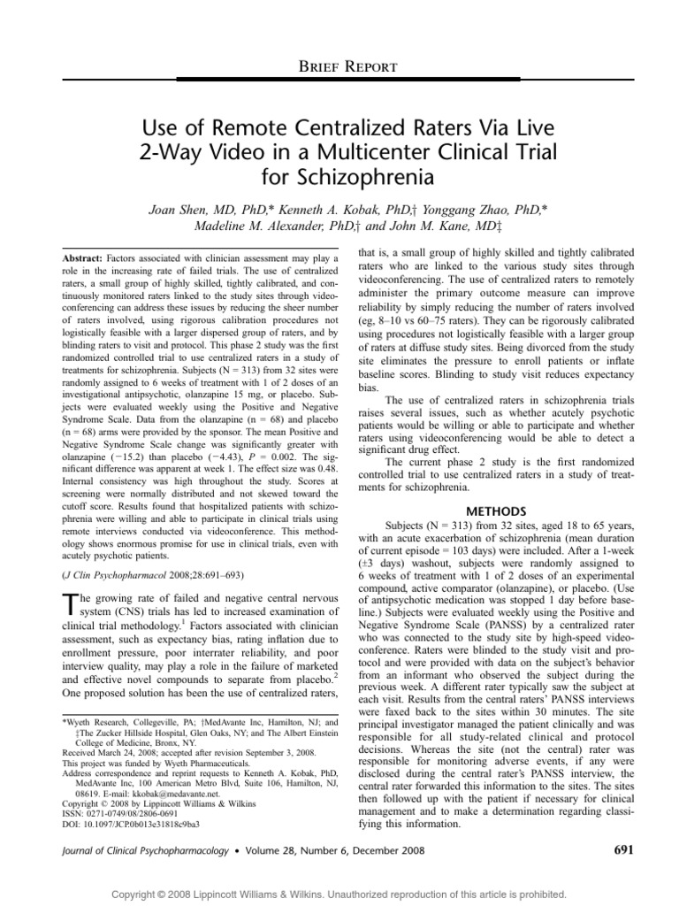 Use of Remote Centralized Raters Via Live 2 Way Video in A Multicenter ...
