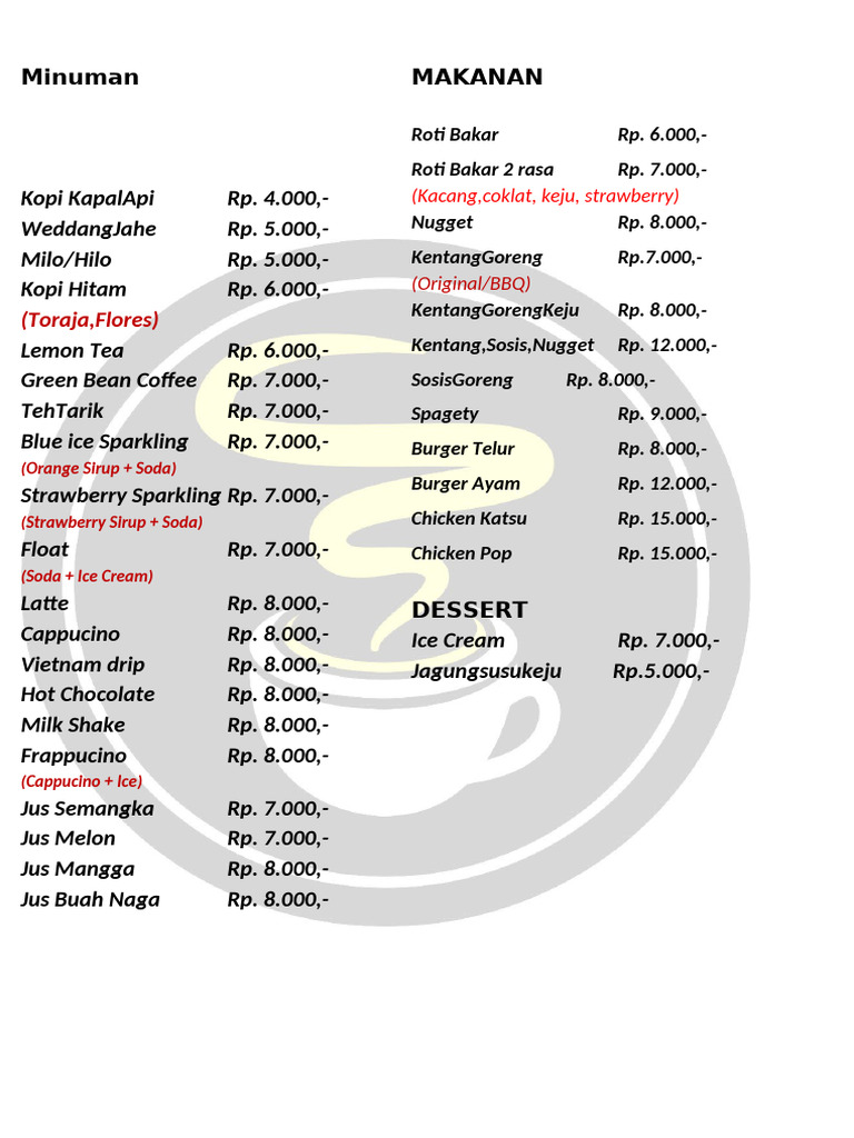 Menu Cafein New | PDF