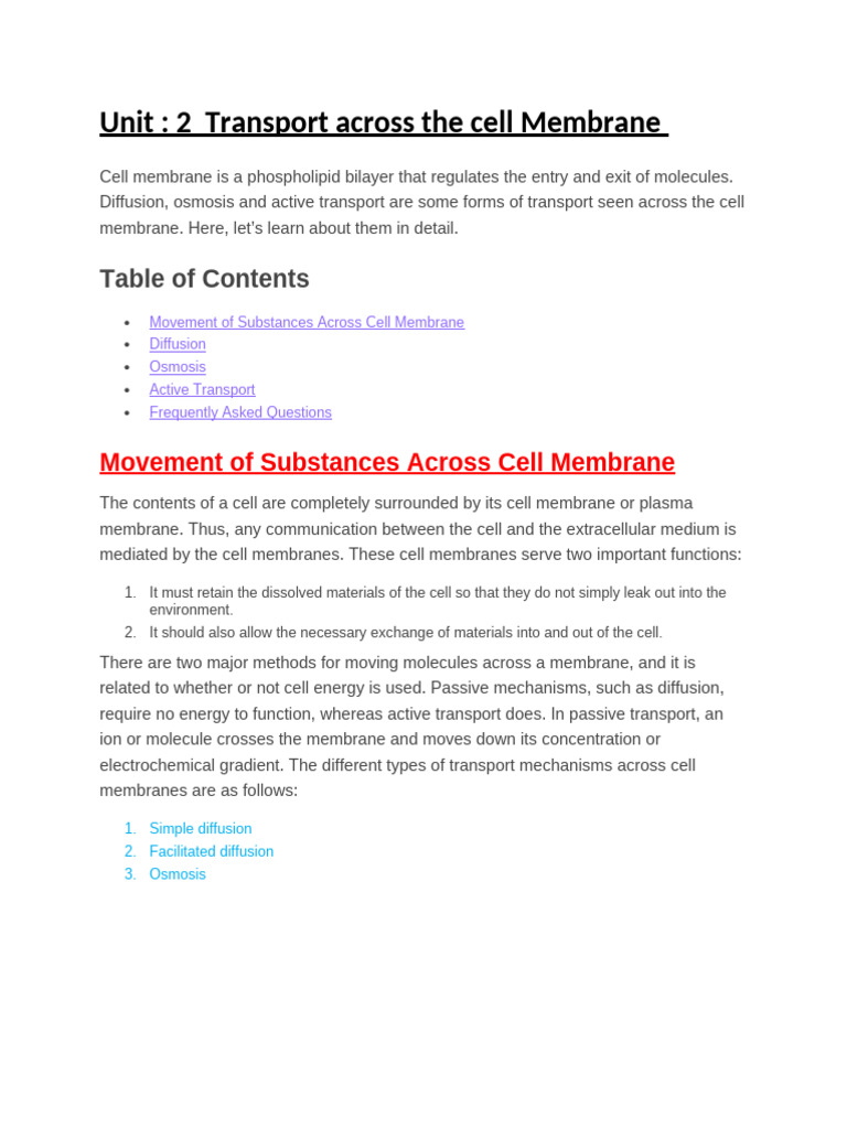 Transport across the cell membrane | PDF | Osmosis | Cell Membrane