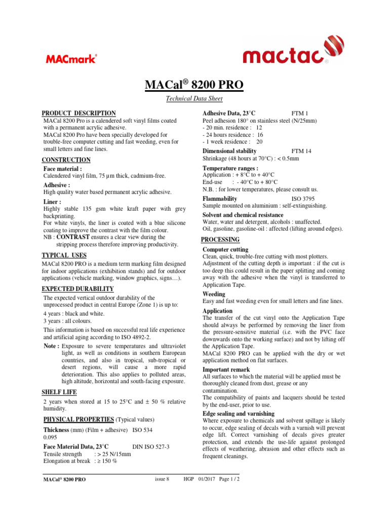 Mactac 8200 Opaque Series Data Sheet | PDF | Materials