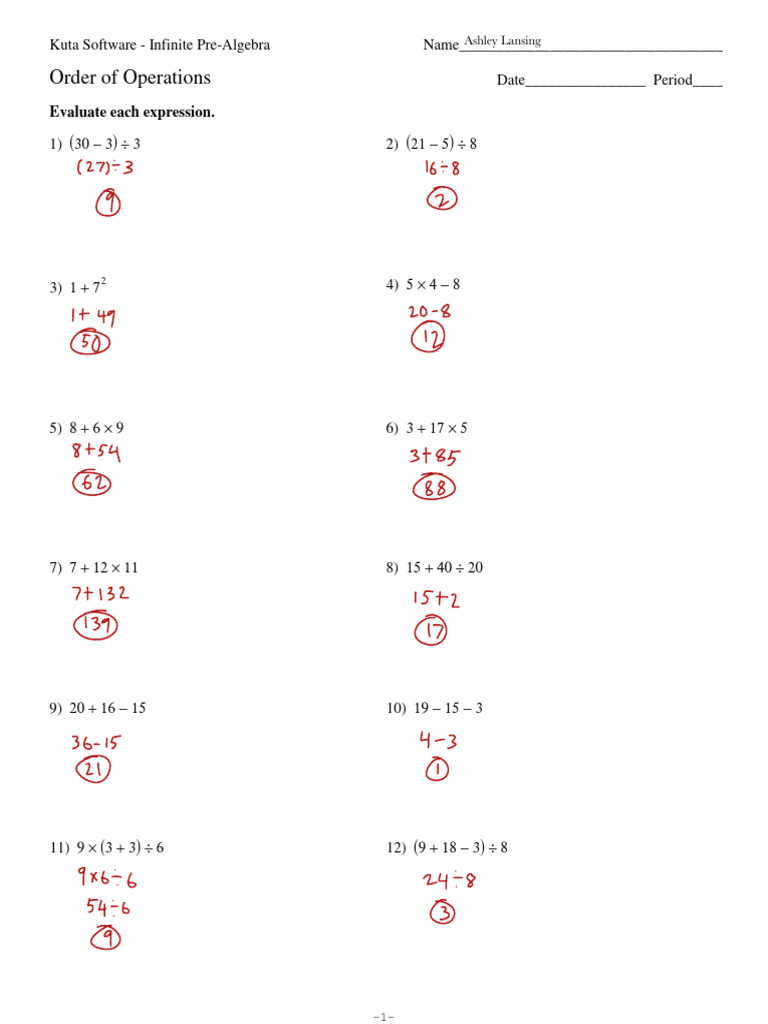 SC - Order of Operations - In-Class WS | PDF | Mathematics | Computer ...