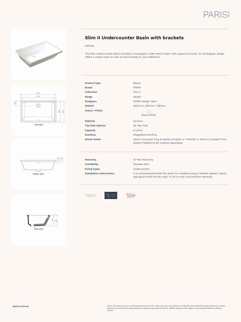 Slim II Undercounter Basin PMP145 | PDF
