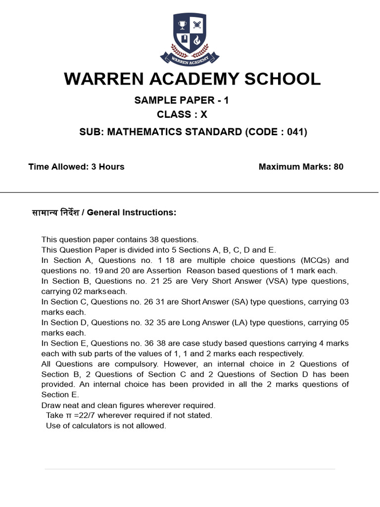 Class 10 Mathematics Question Paper | PDF | Circle | Elementary Geometry