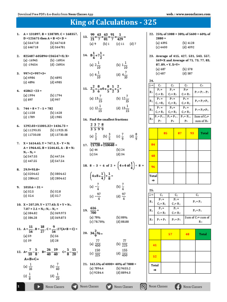 King Of Calculations Sheet- 325 | PDF | Mathematical Notation | Mathematics