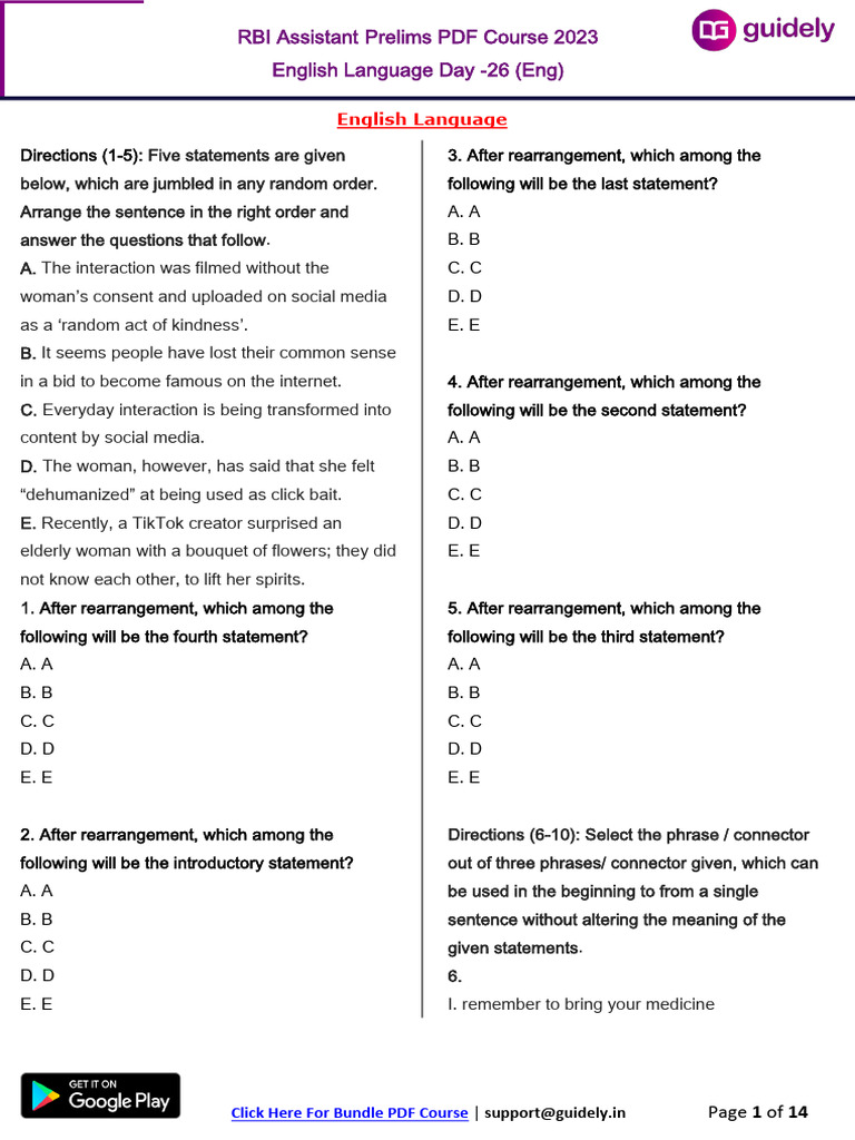 RBI Assistant Prelims English Course 2023 | PDF | Verb | Grammatical Number