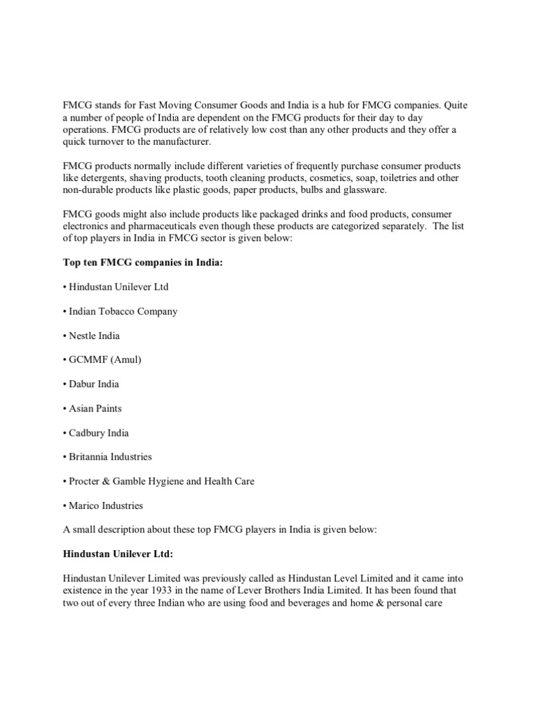 Fmcg Stands For Fast Moving Consumer Goods And India Is A Hub For Fmcg Companies Unilever Nestle