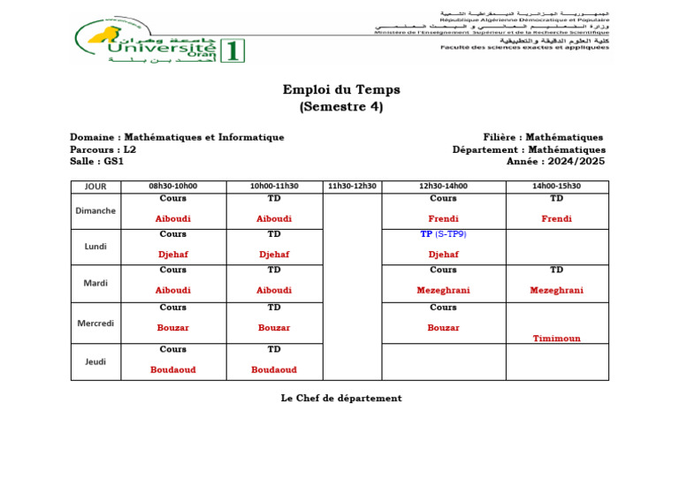 Emploi du Temps L2 Mathématiques 2024 | PDF