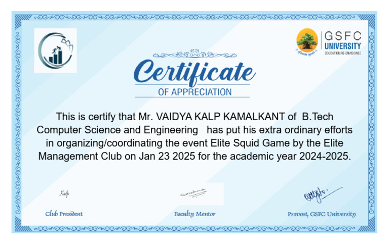 Certificate of Event Coordination for Elite Squid Game | PDF