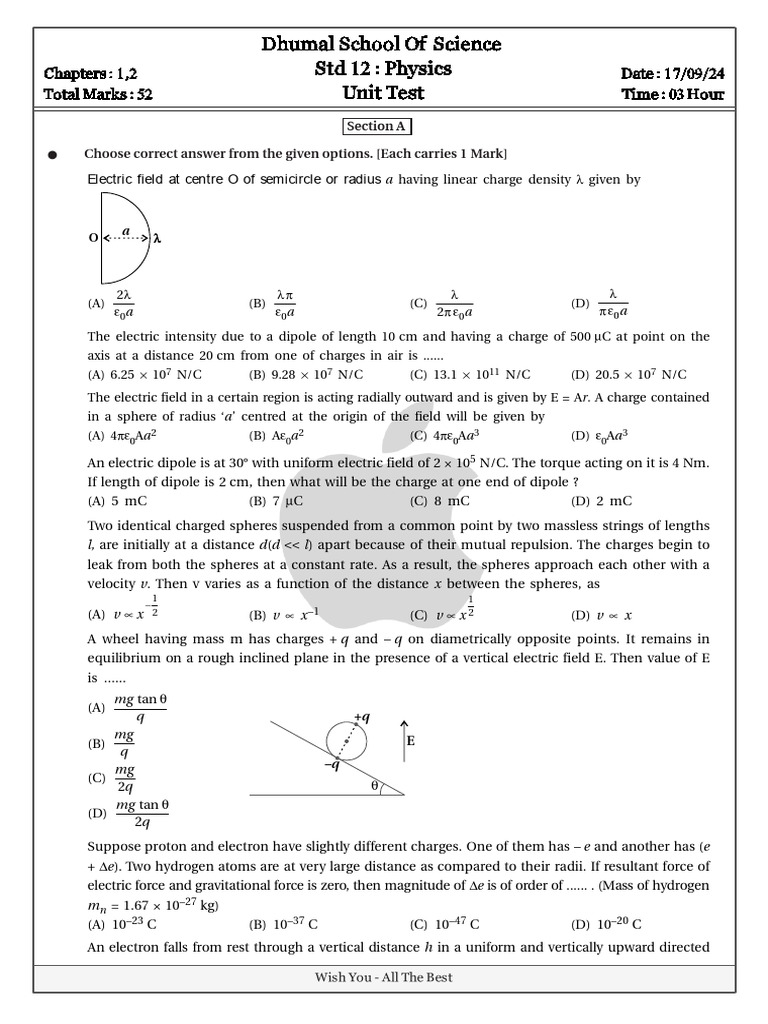 Std 12 Physics Unit Test: Electric Fields | PDF | Electric Field | Electron