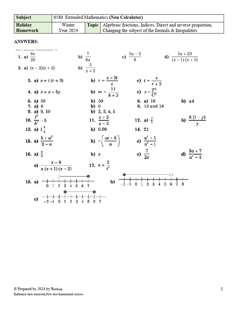 Year 10 Winter Holiday Homework - ANS | PDF
