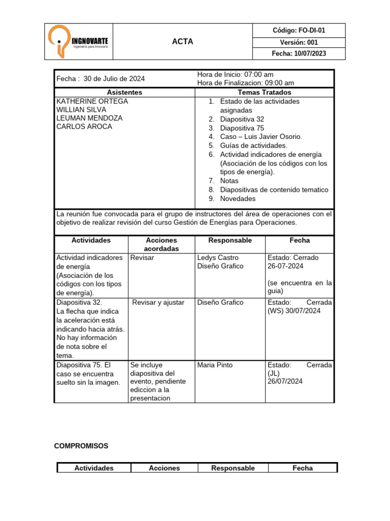Acta de Reunión sobre Gestión de Energías | PDF