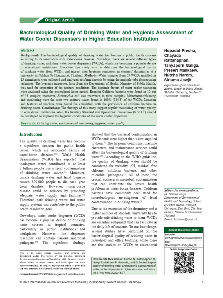 Bacteriological Quality of Water Dispensers | PDF | Drinking Water ...