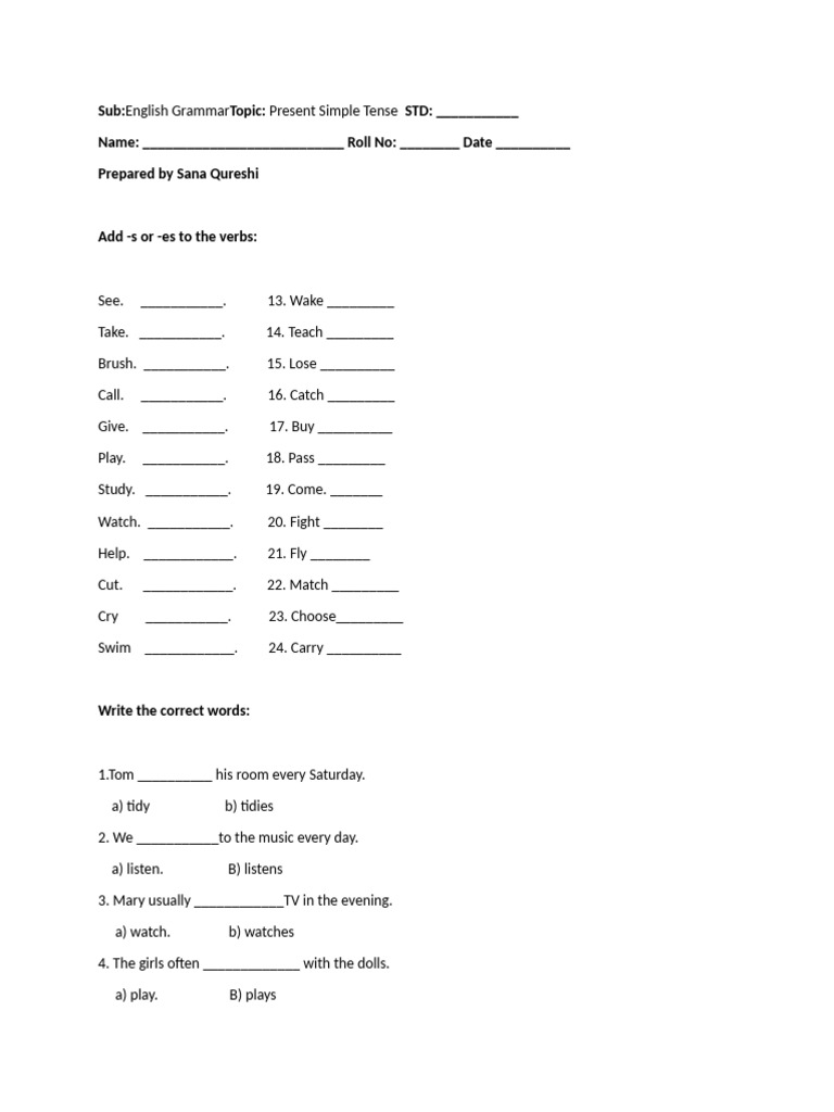 Present Simple Tense Grammar Worksheet | PDF | Linguistics | Language ...