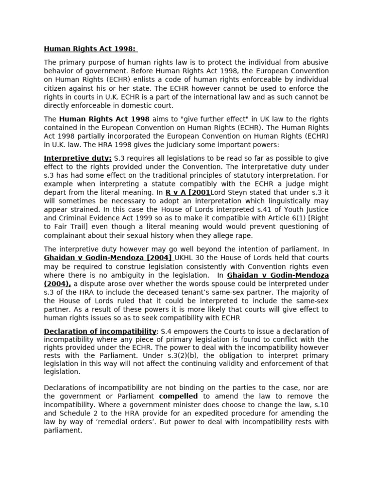 Overview of the Human Rights Act 1998 | PDF | European Convention On ...