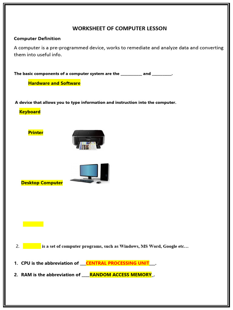 Worksheet of Computer Lesson Grade 7 | PDF