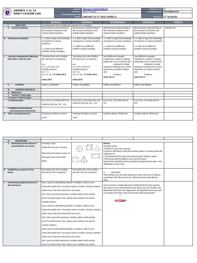 Grade 5 Math Daily Lesson Plan | PDF | Flashcard | Cognition