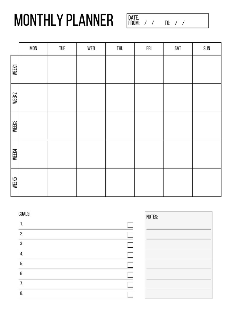 Monthly Planner Template with Goals | PDF