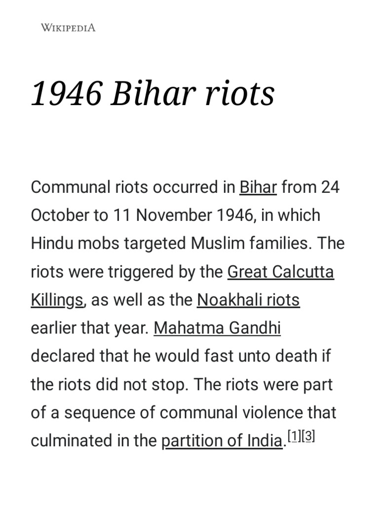 1946 Bihar Communal Riots Overview | PDF | Politics Of India | Human ...