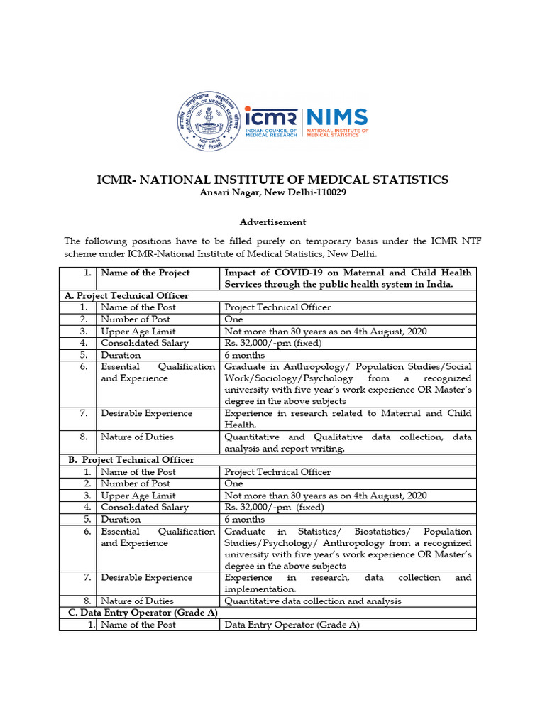 Advt ICMR NIMS COVID23072020 | PDF | Data | Quantitative Research