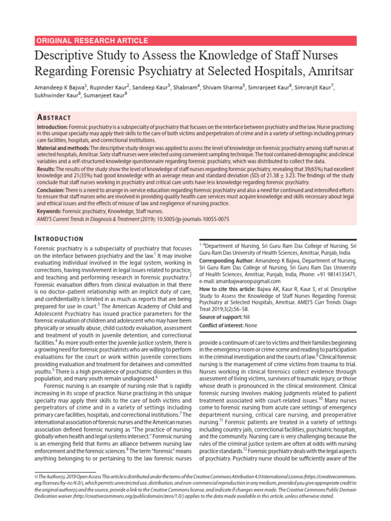 Descriptive Study To Assess The Knowledg | PDF | Psychiatry | Forensic ...