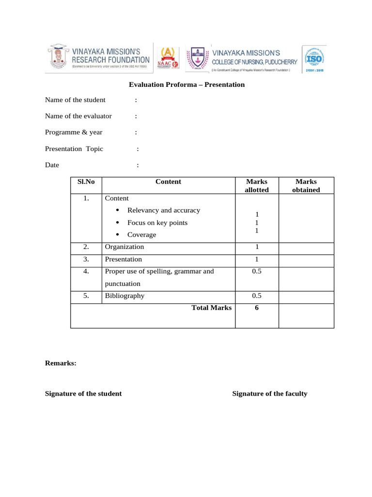 Evaluation Proforma for Presentations | PDF