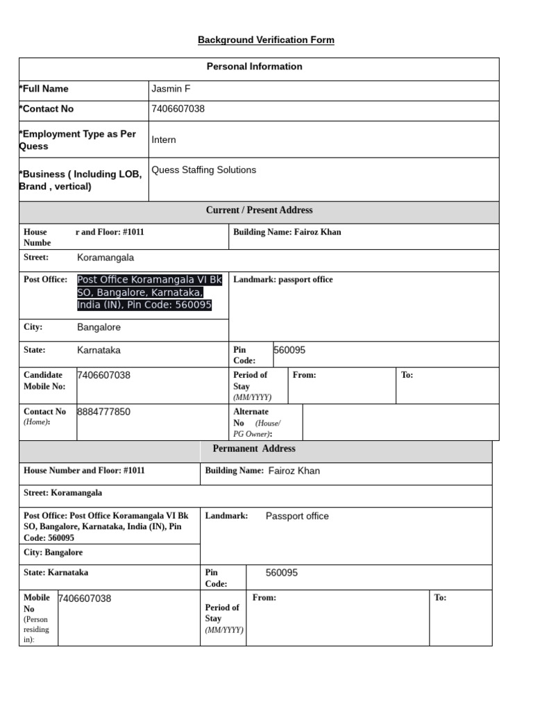 Background Verification Form for Interns | PDF