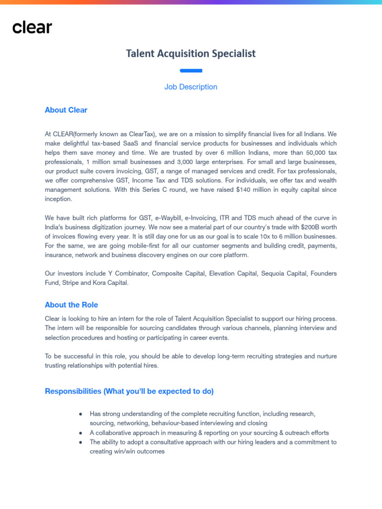 Talent Acquisition Specialist: About Clear | PDF | Taxes | Recruitment