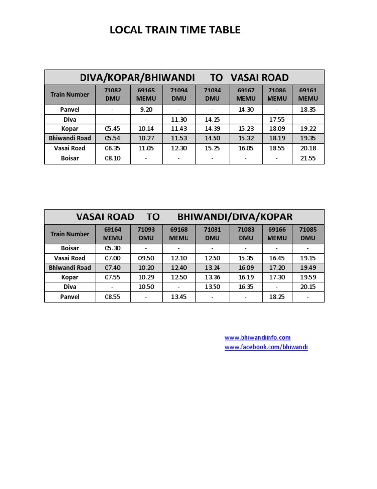 Vasai-Bhiwandi Train Timetable | PDF | Cooking, Food & Wine | Art