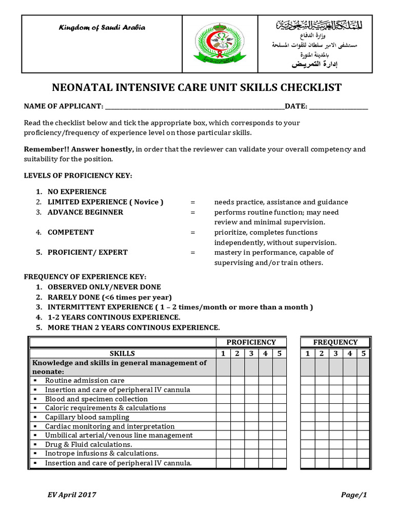 NICU Skills Proficiency Checklist | PDF | Nursing | Clinical Medicine