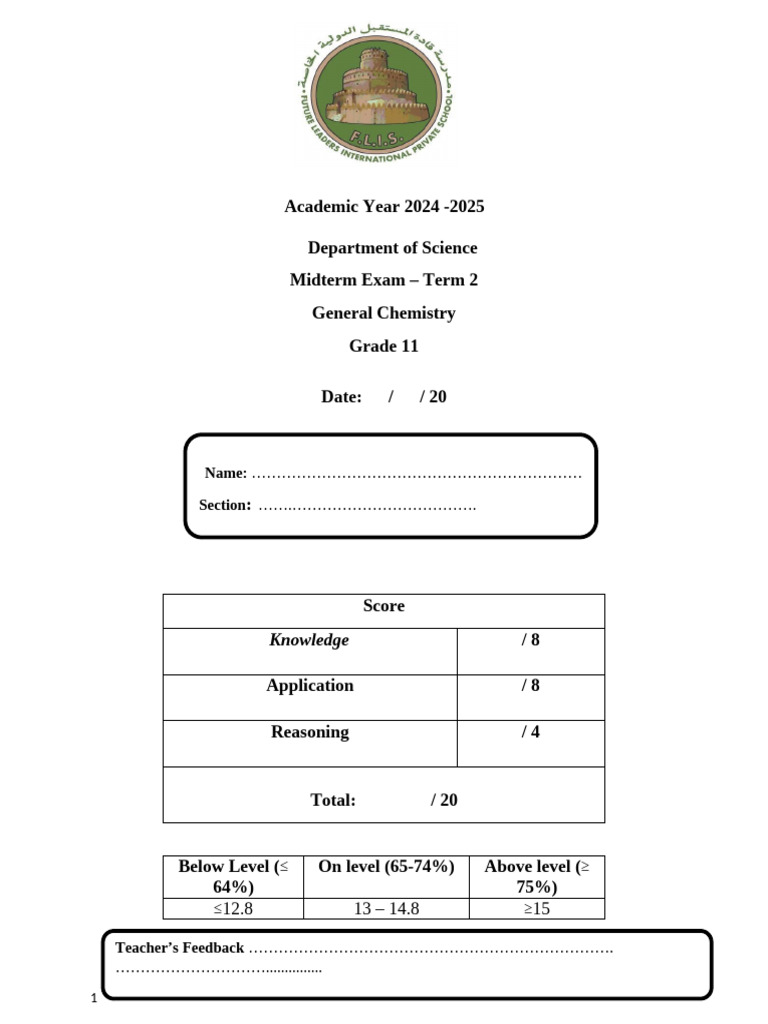 Grade 11 General Chemistry Midterm Exam | PDF | Acid | Analytical Chemistry