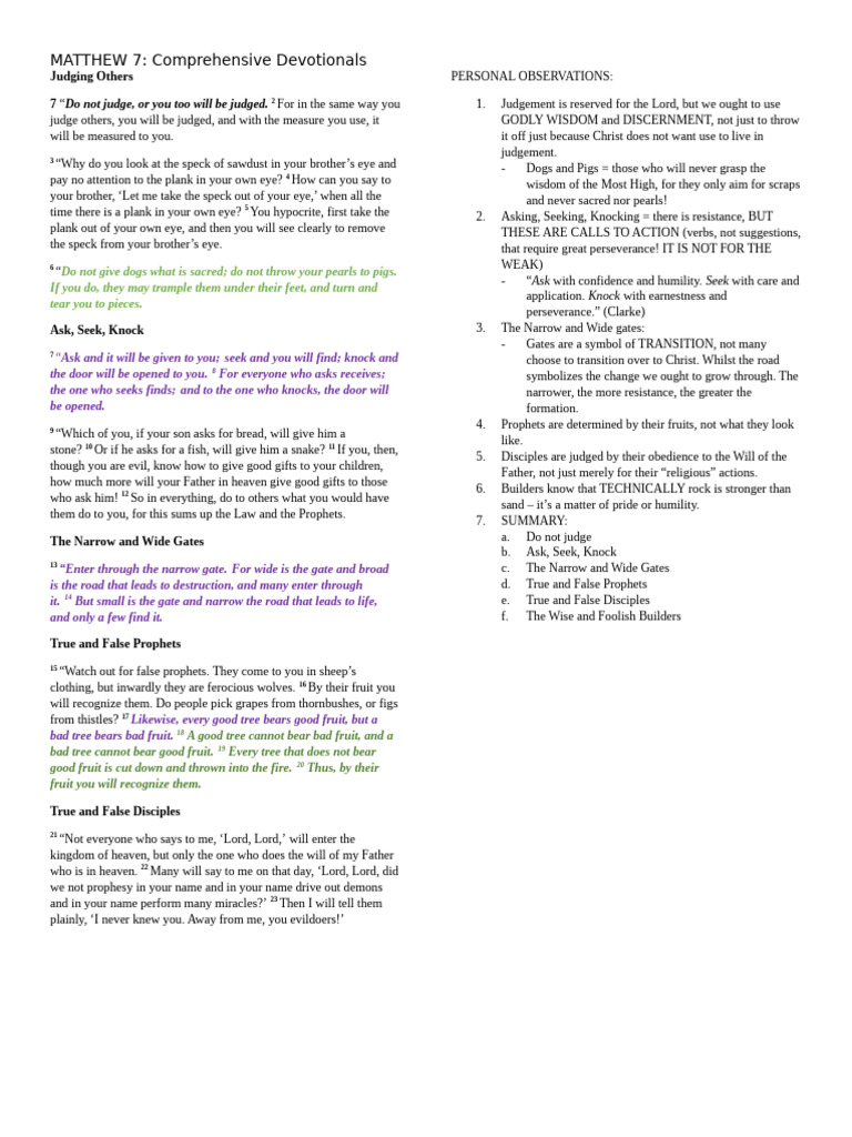 Matthew 7 BibleStudy | PDF | Religious Belief And Doctrine