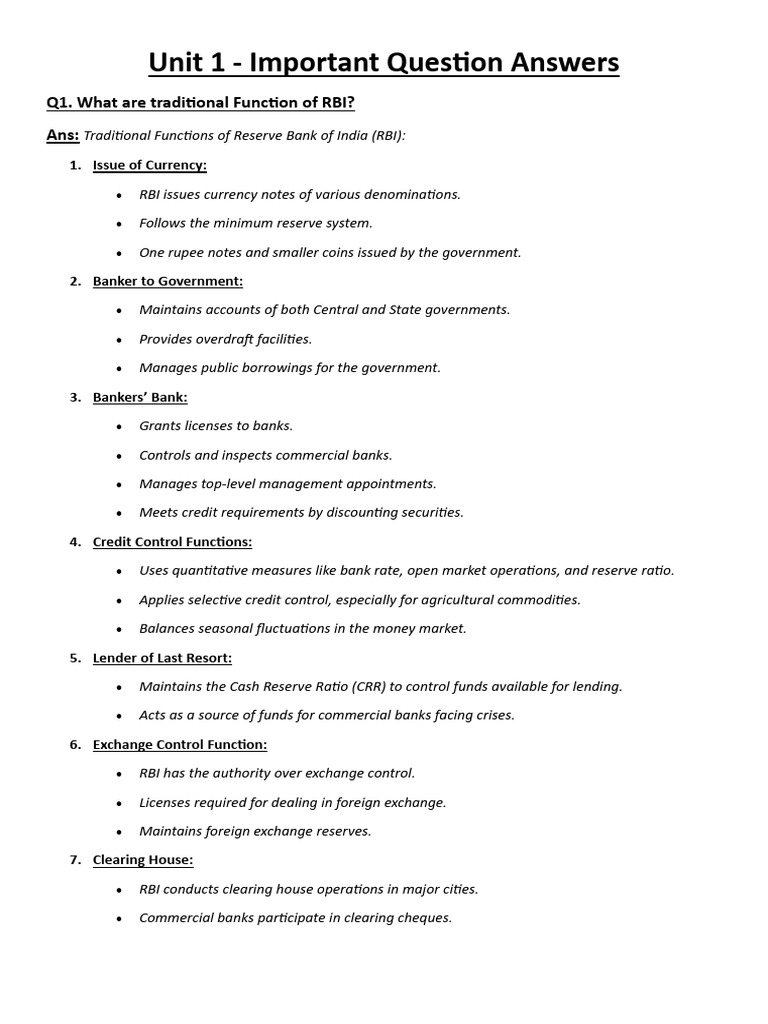 AFM Unit 1 Important Question Answers | PDF | Reserve Bank Of India ...