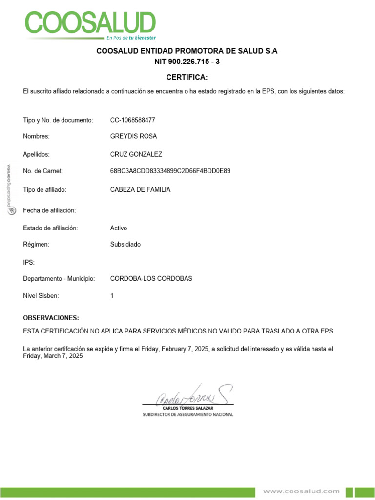 Certificación de Afiliación EPS 2025 | PDF