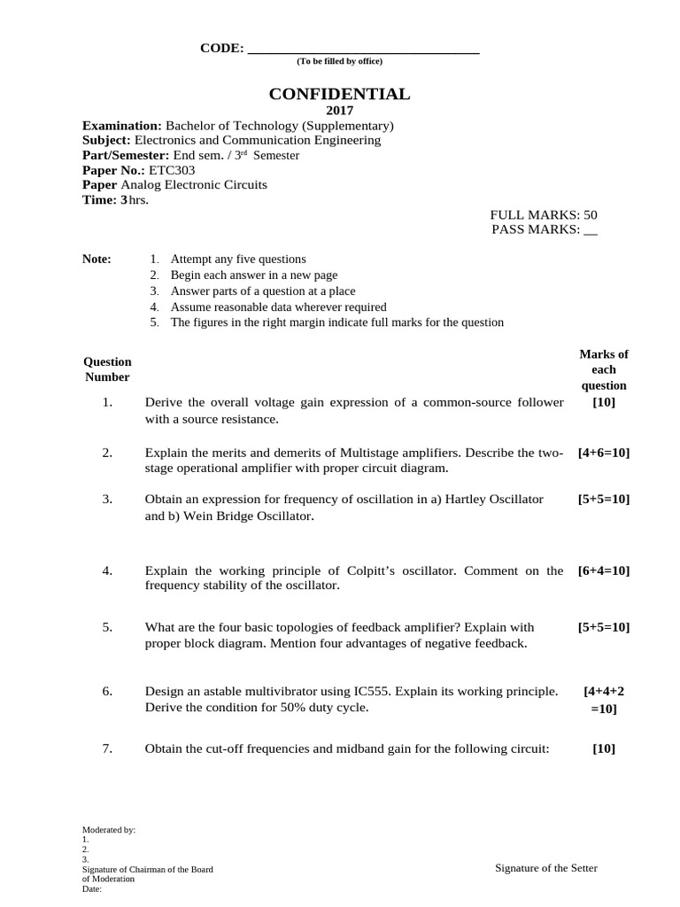 Analog Electronics Exam Paper | PDF | Electronic Oscillator | Amplifier