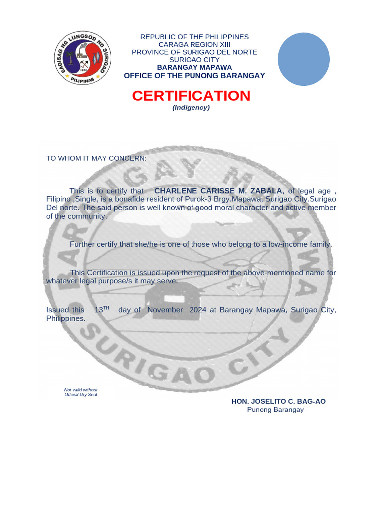 Certificate of Indigency for Charlene Zabala | PDF
