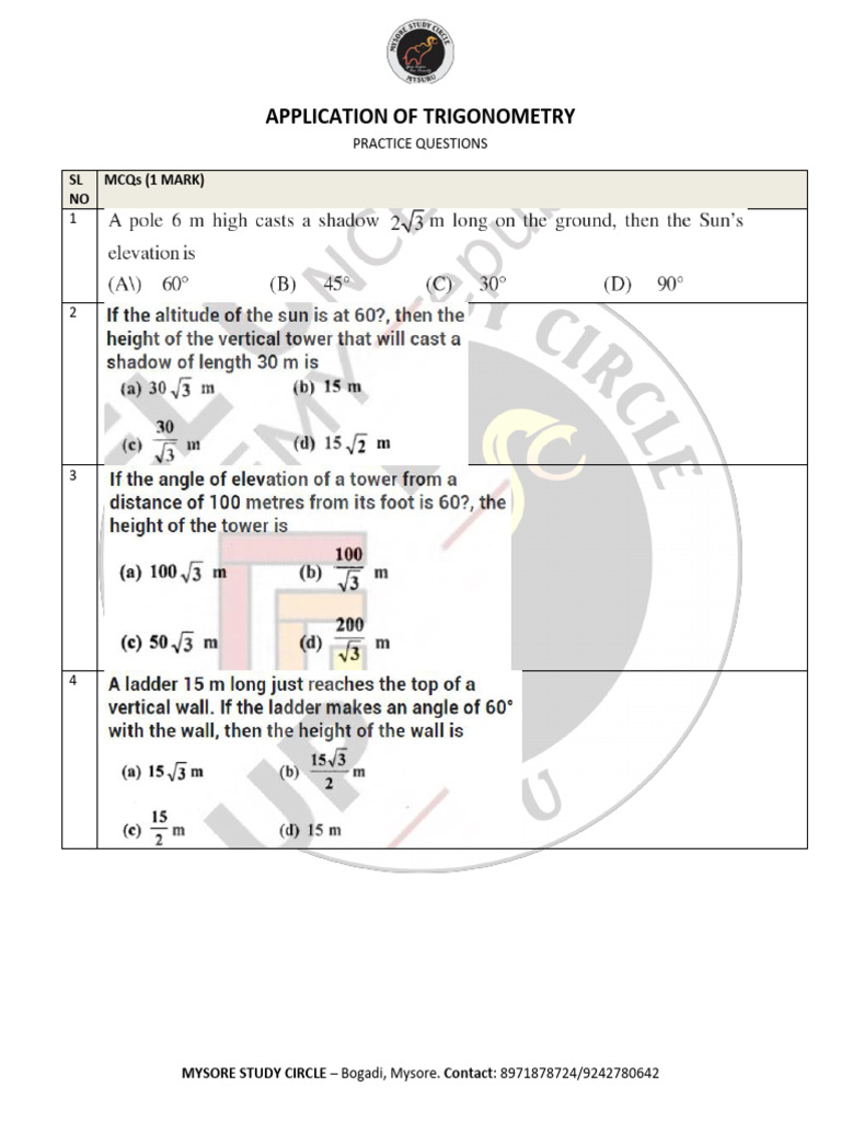 2023 APPLICATIONS of TRIGONOMETRY QUESTION BANK | PDF