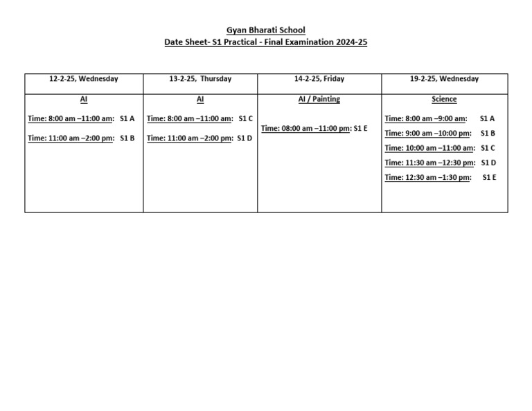 S1 Final Examination Practical Date Sheet 2024-25 Final | PDF