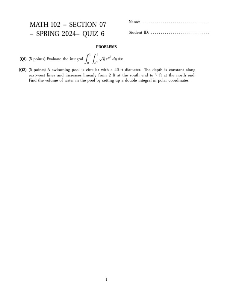 MATH 102 Spring 2024 Quiz 6 | PDF