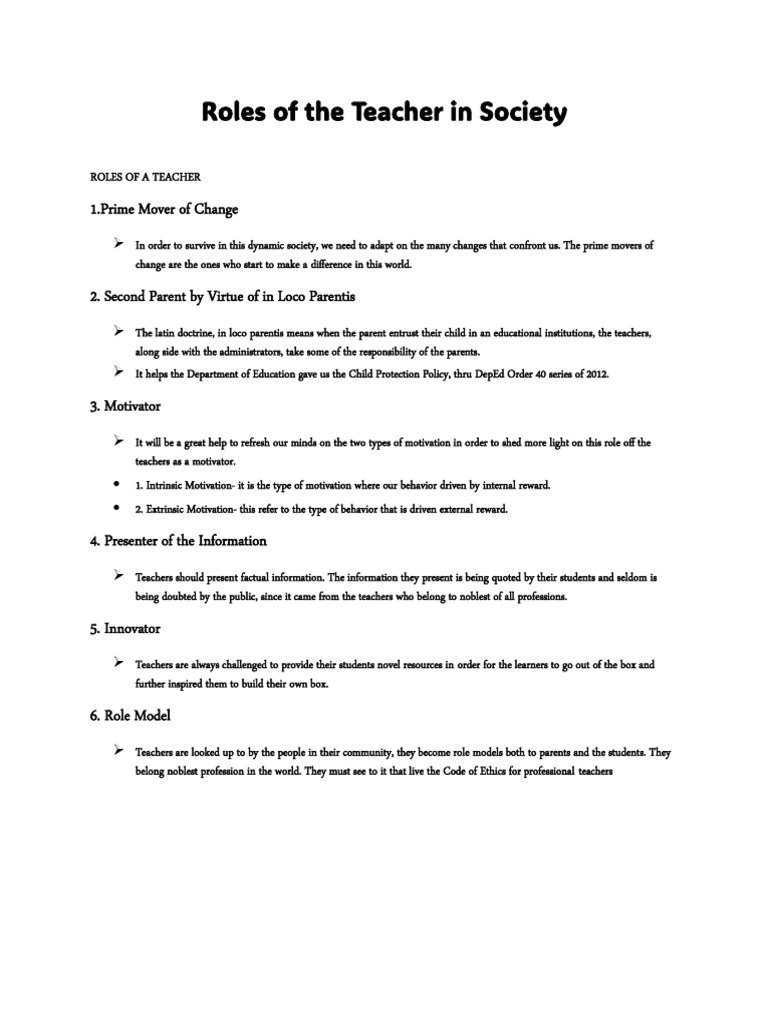 Essential Roles of Teachers in Society | PDF